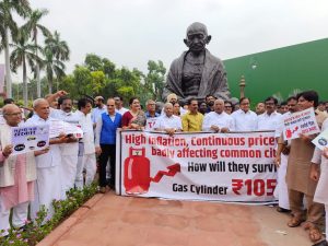 Opposition protest at Mahatma Gandhi statue in parliament