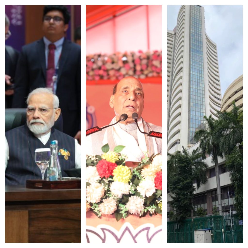 PM Narendra Modi; Defence Minister Rajnath Singh; BSE in Mumbai