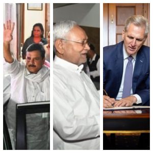 AAP leader Sanjay Singh; Bihar CM Nitish Kumar; former US House Speaker Kevin McCarthy