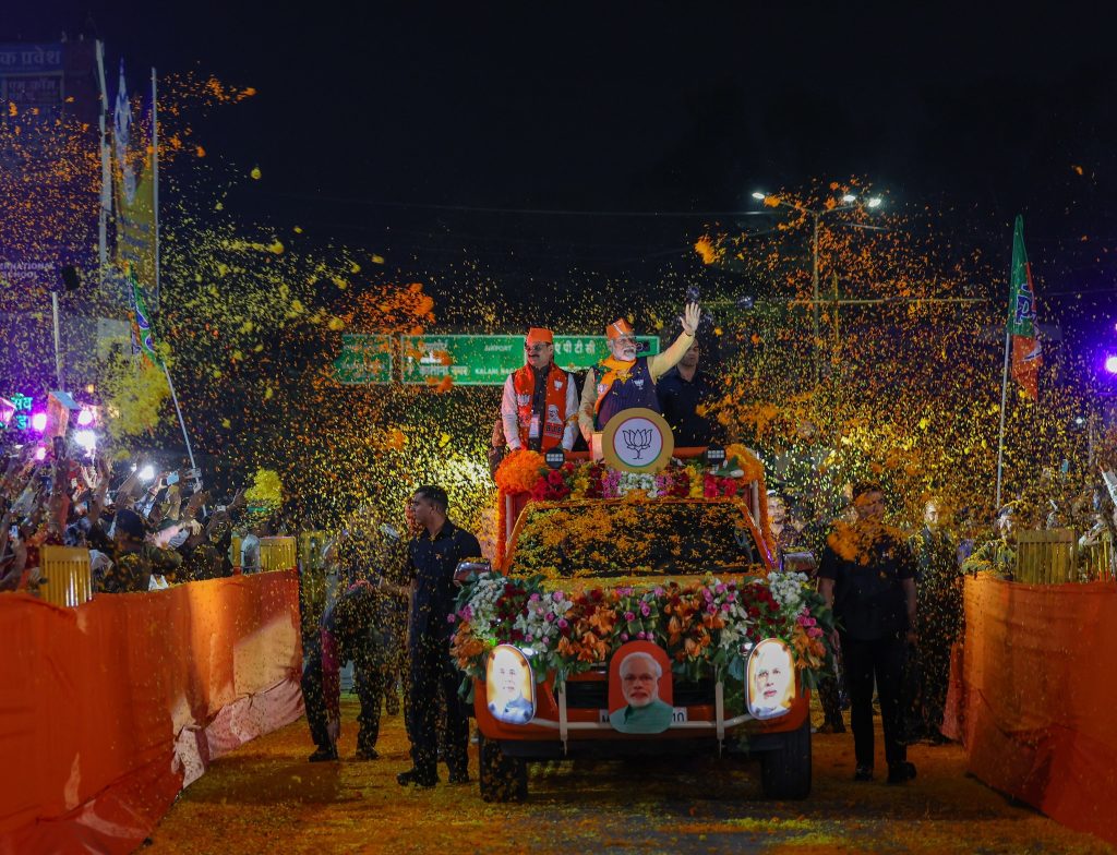 PM Narendra Modi during a roadshow in Indore, Madhya Pradesh