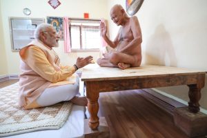 Prime Minister Narendra Modi took blessings of Vidhyasagar Maharaj at the Chandragiri Jain Mandir in Dongargarh, Chhattisgarh.