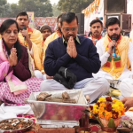 Arvind Kejriwal with wife Sunita Kejriwal during Sundar Kand (Image credit X @AAPDelhi)
