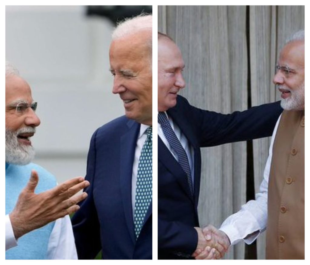 PM Modi with US president Joes Biden and Russian President Vladimir Putin