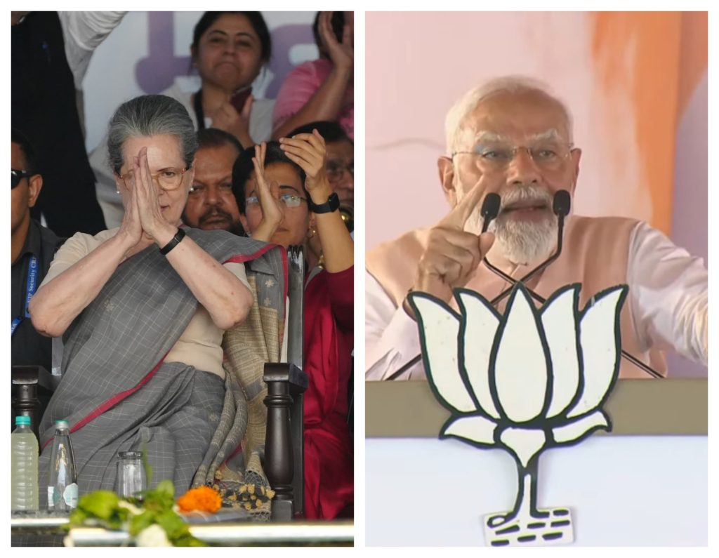 Opposition leader Sonia Gandhi at Ramlila Ground (image credit X Jairamramesh) & PM Narendra Modi at Meerut rally (image credit X @BJP4India)