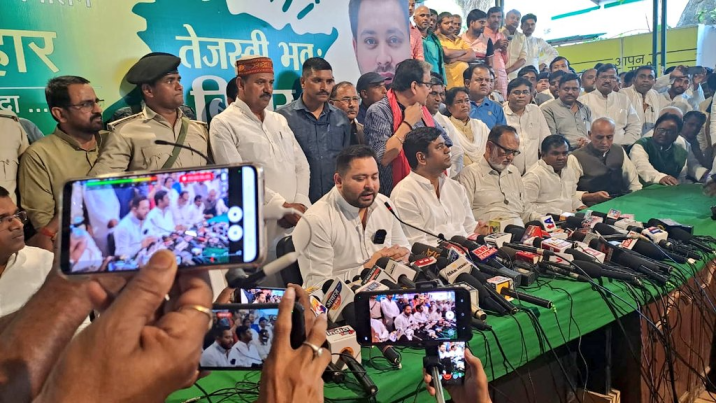 RJD leader Tejashwi Yadav address media in Patna (Image credit X @RJDforIndia)