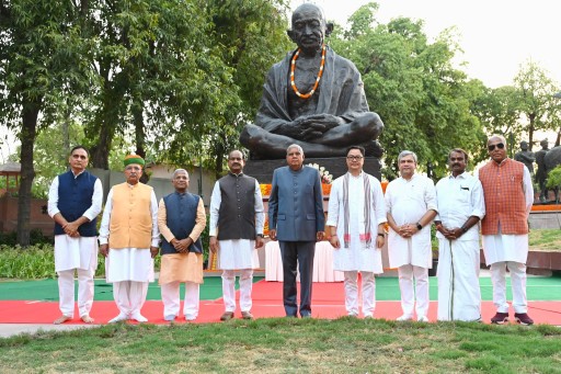 BJP leaders at the statue of Mahatma Gandhi at Prerna Sthal in parliament premises