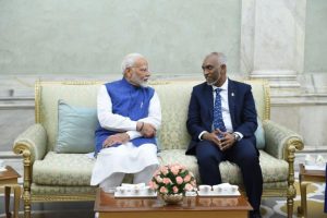 Maldives President Mohammed Muizzu with Prime Minister Narendra Modi