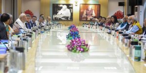 PM narendra Modi with economists at a meeting in NITI Aayog
