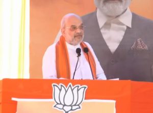 Union Minister for Home Affairs Amit Shah addresses a rally in Ramban in Jammu on Monday