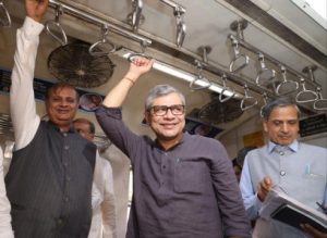 Union Minister for Railways Ashwnini Vaishnaw in a Mumbai Suburban train