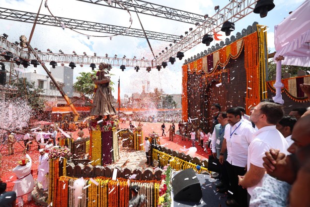 Congress leader at unveiling of statue of Shivaji in Kolhapur in Maharashtra on Saturday