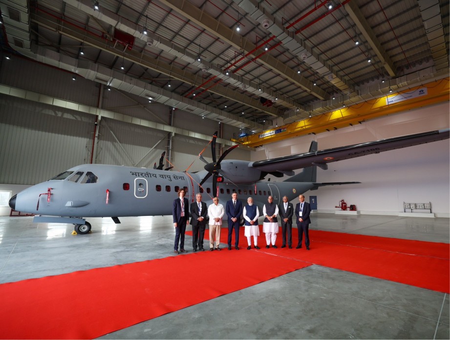 PM Narendra Modi with his Spanish counterpart Pedro Sanchez at Tata Aircraft Complex in Vadodra