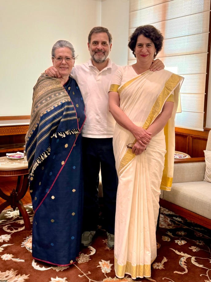 Priyanka Gandhi Vadra with family members in parliament. Image credit Congress