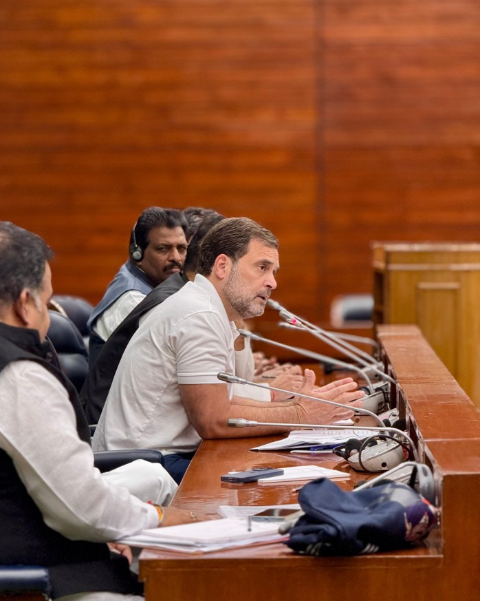 LoP Rahul Gandhi addresses CPP Meeting in parliament on Tuesday. Image credit Congress