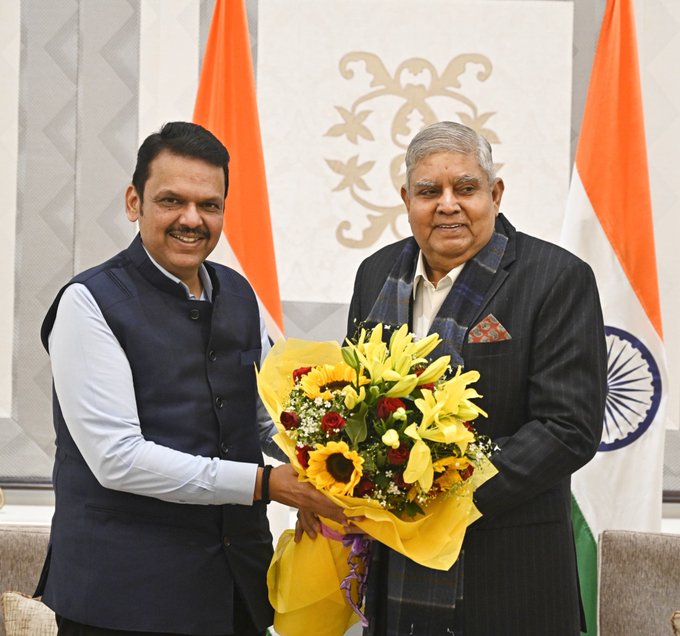 Maharashtra CM calls on Rajya Sabha Chairman Jagdeep Dhankar. Image credit Sansad TV