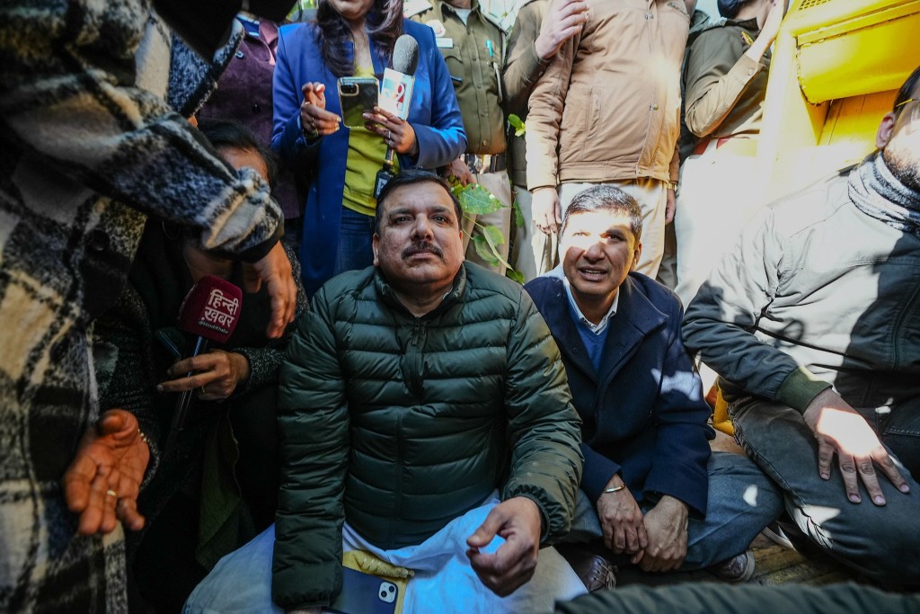 AAP leaders on Lok Kalyan Marg on Wednesday. Image credit X.com @AamAadmiParty