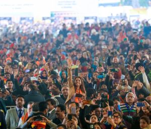 People at a rally addressed by PM Narendra Modi in Delhi on Friday. Image credit BJP