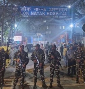 Security outside LNJP Hospital where injured were taken after the New Delhi Railway station stampede.