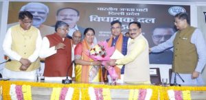 BJP leaders felicitate Rekha Gupta after her election as the leader of the legislature party in Delhi Assembly.