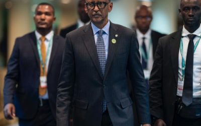 Rwanda President Paul Kagame arrives to speak at African Union Peace and Security Council with his delegation.