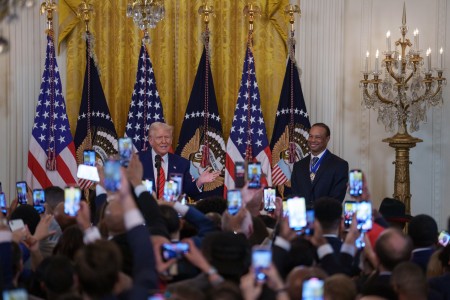 US President Donald Trump speaks to media in Washington.