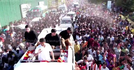TVK's Vijay during a roadshow in Coimbatore on Sunday