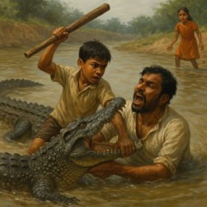 A representative image of Braveheart Ajay rescuing his father in Dholpur in Rajasthan from a crocodile!