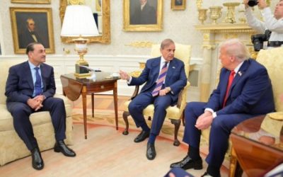 US President Donald Trump in a meeting with Pakistan PM Shehbaz Sharif and Army Chief Asim Munir.