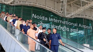 Uttar Pradesh CM Yogi Adityanath inspects Noida International Airport.