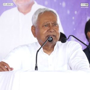 Bihar Chief Minister Nitish Kumar addresses a public meeting.