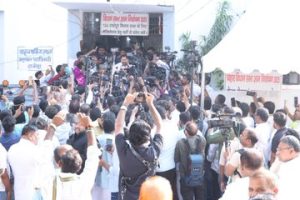 RJD leader Tejashvi Yadav while filing nomination at Raghopur in Bihar.
