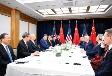 US President Donald Trump holds delegation level meeting with Xi Jinping in Busan.
