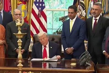 US President Donald Trump speaks after lighting Diwali lamps.