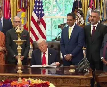 US President Donald Trump speaks after lighting Diwali lamps.