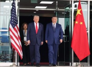 US President Donald Trump with Chinese President Xi Jinping in Busan on Thursday.