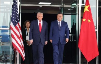 US President Donald Trump with Chinese President Xi Jinping in Busan on Thursday.