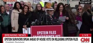 Danialle Bensky, Epstein survivor, speaks to media.