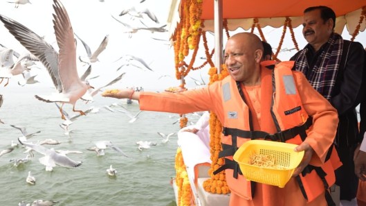 Uttar Pradesh CM Yogi Adityanath at Sangam in Prayagraj on Saturday.
