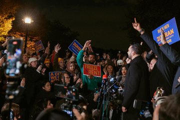 Zohran Mamdani campaigns in Astoria in NYC.