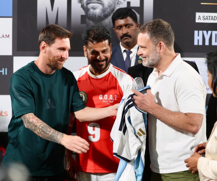 Congress leader Rahul Gandhi with Lionel Messi in Hyderabad