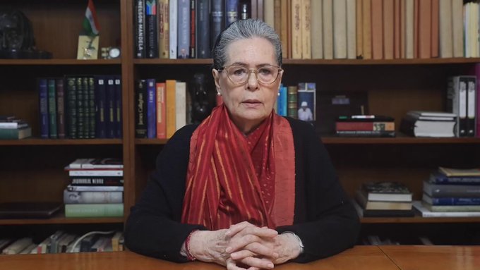 Congress leader Sonia Gandhi makes a video statement.