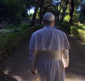 Pope Leo XIV takes a walk in Vatican garden.