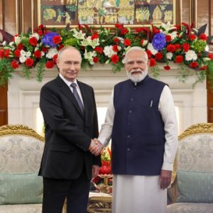 Prime Minister Narendra Modi and Russian President Vladimir Putin at a joint press conference in New Delhi.