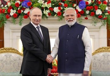 Prime Minister Narendra Modi and Russian President Vladimir Putin at a joint press conference in New Delhi.