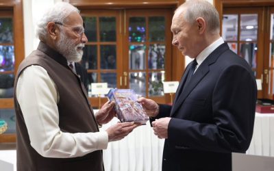 Prime Minister Narendra Modi gifts Russian translation of Gita in New Delhi.