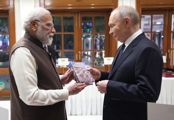 Prime Minister Narendra Modi gifts Russian translation of Gita in New Delhi.