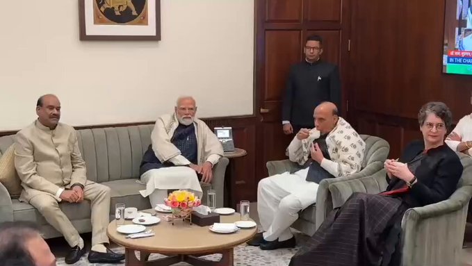 Prime Minister Narendra Modi joins for tea after adjournment of the Winter session of parliament.