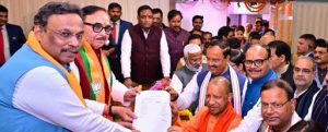 Uttar Pradesh CM Yogi Adityanath proposes nomination of Pankaj Choudhary in Lucknow.