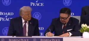 Trump at signing of Gaza Peace Board resolution at Davos