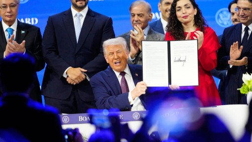 US President Donald Trump at unveiling of Board of Peace for Gaza in Davos on Thursday.